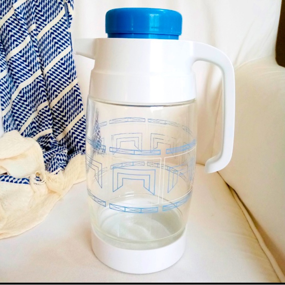 Showa Retro Rabbit Glass Heat Resistant Carafe Coffee Pot W Lid Blue White Japan